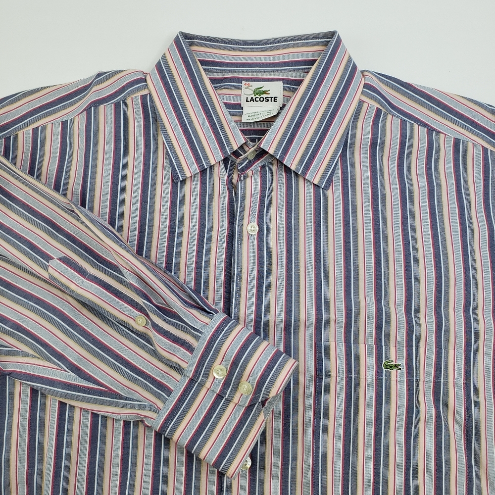 Lacoste Long Sleeve Mens 44  Button Up Dress Shirt Pinks Grays Striped Cotton